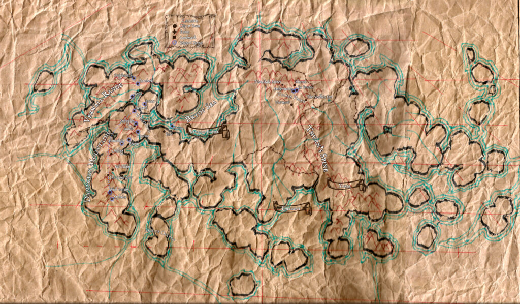 A map of the continent of Thurn from my current D&D campaign, made with beans on kraft paper.